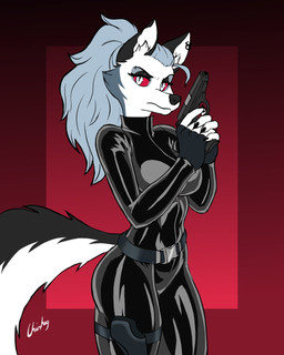 anthro belt belt_buckle breasts buckle clothed clothed_anthro clothed_female clothing ear_piercing ears_up eyebrows eyelashes female grey_hair gun hair holding_gun holding_object holding_ranged_weapon holding_weapon long_hair piercing ranged_weapon red_eyes solo suit tail weapon chisheq hellaverse helluva_boss mythology loona_(helluva_boss) canid canid_demon canine demon hellhound mammal mythological_canine mythological_creature better_version_at_source hi_res