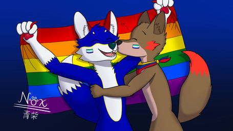 anthro blue_body blue_fur brown_body brown_fur colombia colombian_flag duo fur kiss_on_cheek kissing lgbt_pride love male male/male pride_color_flag pride_colors rainbow_flag rainbow_pride_flag rainbow_symbol romantic romantic_couple smile noxaoshiba lgbt_pride_month noxaoshiba(fursona) wolfrikhiguera(fursona) canid canine canis domestic_dog husky hybrid mammal nordic_sled_dog shiba_inu spitz wolf 16:9 hi_res widescreen