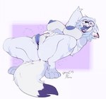 anthro areola big_breasts blue_hair bodily_fluids breasts clitoris eyewear eyewear_only female fluffy fluffy_tail fur genital_fluids genitals glasses glasses_only grey_body grey_fur hair huge_breasts inner_ear_fluff nipples nude nude_female open_mouth plump_labia presenting presenting_pussy pussy round_glasses saliva saliva_string sharp_teeth smile solo spread_legs spreading sweat tail teeth tongue tongue_out tuft vaginal_fluids wearing_glasses lofiflavors yogoat canid canine canis mammal wolf absurd_res artist_collaboration hi_res