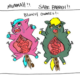 abuse ambiguous_feral ambiguous_gender animal_abuse bloodshot_eyes blue_eyes blue_tail bodily_fluids bone bound child_abuse cruelty crying dialogue duo dying exposed_organs featureless_crotch feces feral fur gore green_body green_fur guts intestines nail nailed open_mouth organs pain pink_body pink_fur pooping saliva snot suffering tail tears text torture vivisection wounded yellow_eyes yellow_tail young young_ambiguous young_feral yellowcottoncandy030 fluffy_pony fluffy_pony_(species) mammal 1:1 2025 broken_language digital_media_(artwork) english_text hi_res