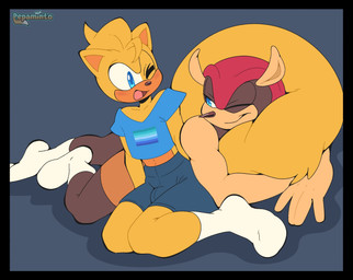 anthro big_tail blue_eyes blush bottomwear brown_body brown_fur brown_markings bulge clothing crop_top duo facial_markings femboy fluffy fluffy_tail footwear fur happy head_markings hotpants lgbt_pride long_tail male male/male markings muscular muscular_anthro muzzle_(marking) one_eye_closed open_mouth pointy_nose pride_colors red_markings romantic romantic_couple shirt shorts simple_background smile socks tail tail_hug tan_arms topwear v-neck v-neck_shirt vincian_pride_colors wink yellow_body yellow_fur pepamintop lgbt_pride_month sega sonic_the_hedgehog_(series) mighty_the_armadillo ray_the_flying_squirrel armadillo flying_squirrel mammal rodent sciurid xenarthran hi_res