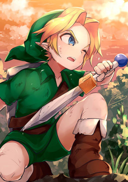 blonde_hair blue_eyes boots clothing cloud footwear hair hat headgear headwear holding_melee_weapon holding_object holding_sword holding_weapon humanoid_pointy_ears light_body light_skin male melee_weapon not_furry open_mouth pointy_ears shoes solo sword weapon niyama_n nintendo ocarina_of_time the_legend_of_zelda young_link elf humanoid hylian hi_res signature