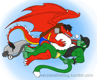 air_inflation anthro belly belly_inflation black_hair briefs clothing duo fur green_body green_fur hair hose hose_in_mouth hose_inflation inflation male male/male red_body underwear wings verzisphere mythology mintmonkey dragon haplorhine mammal monkey mythological_creature mythological_scalie primate scalie hi_res