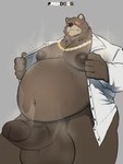 anthro balls belly black_sclera blush bodily_fluids brown_body brown_fur brown_penis chain clothing erection eye_scar facial_scar fur genitals gold_(metal) gold_chain humanoid_genitalia humanoid_penis male moobs musk musk_clouds nipples overweight overweight_anthro overweight_male penis scar shirt solo sweat sweaty_belly topwear unbuttoned_shirt vein veiny_penis ppandogg mihoyo zenless_zone_zero ben_bigger bear mammal 3:4 absurd_res hi_res