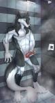 balls black_nose blue_eyes detailed_background genitals male solo standing tail moon-s spikes_blackfire sergal 2016 digital_media_(artwork) hi_res