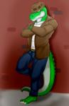 alley anthro bottomwear clothed clothing denim denim_bottomwear denim_clothing fedora fully_clothed hat headgear headwear jeans loitering male pants relaxing solo topcoat viciouscroc cregon alligator alligatorid crocodile crocodilian reptile scalie