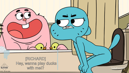 anthro bath bathing bathroom blue_body blue_fur dialogue duo female flat_chested fur male male/female nude nude_anthro nude_female nude_male pink_body pink_fur pooping pooping_together question question_mark rubber_duck sitting sitting_on_toilet tail teeth text toilet toilet_use thedispenser69 cartoon_network the_amazing_world_of_gumball nicole_watterson richard_watterson domestic_cat felid feline felis lagomorph leporid mammal rabbit english_text hi_res