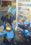 ambiguous_gender anthro detailed_background duo_focus food group leaf plant text trio vending_machine chufflepop nintendo pokemon eevee generation_1_pokemon generation_4_pokemon lucario pokemon_(species) riolu 2024 english_text hi_res