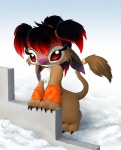 black_claws black_hair brown_body brown_fur chest_tuft claws countershading ear_piercing eyelashes female fur hair multicolored_hair piercing pink_nose red_eyes red_hair snow solo tail tuft two_tone_hair white_body white_countershading ribera disney lilo_and_stitch fan_character soda_(ribera) alien experiment_(lilo_and_stitch) 2009