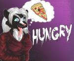 alternative_fashion anthro clothing dress english_text faelis female food goth hair hungry long_tongue low_res mammal mephitid pizza skunk solo text thought_bubble tongue tongue_out twillight_(twillightskunk) white_hair