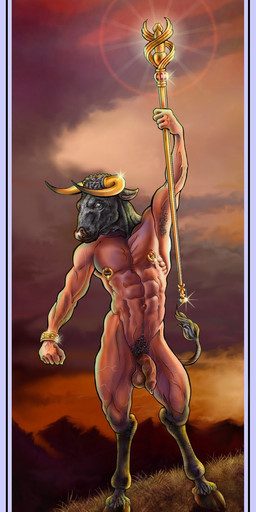 acroposthion armpit_hair balls body_hair flaccid foreskin genitals humanoid_genitalia humanoid_penis male melee_weapon nipple_piercing nipples nude penis piercing polearm solo staff sunset tail tail_tuft tuft weapon froederich_myson european_mythology greek_mythology mythology asterius bovid bovine mammal minotaur hi_res