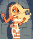 anthro big_breasts blonde_hair breasts cleavage clothed clothing cosplay crossover_cosplay female fur hair long_hair orange_body orange_fur skimpy solo kempferzero activision crash_bandicoot_(series) the_fifth_element leeloo tawna_bandicoot bandicoot mammal marsupial 2017 crossover digital_media_(artwork)