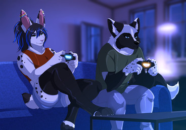 annoyed anthro black_body black_clothing black_fur black_hair black_legwear black_nose black_stockings blue_bottomwear blue_clothing blue_eyes blue_hair blue_pants blue_shorts bottomwear claws clothing controller crop_top duo ear_piercing femboy fur game_controller gaming green_clothing green_eyes green_shirt green_topwear grey_body grey_fur hair holding_controller holding_game_controller holding_object inside legwear long_hair male markings multicolored_hair night pants paws piercing pink_nose ponytail red_clothing red_crop_top red_shirt red_topwear shirt short_tail shorts sitting smile spots spotted_body spotted_fur stockings tail topwear two_tone_hair white_body white_fur lawkie canid canine fox lagomorph leporid mammal rabbit red_fox silver_fox true_fox hi_res