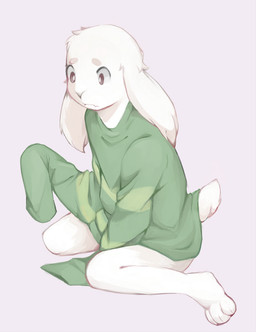 anthro bottomless clothed clothing fur green_clothing green_sweater green_topwear grey_background kemono male pattern_clothing pattern_sweater pattern_topwear simple_background solo striped_clothing striped_sweater striped_topwear stripes sweater topwear white_body white_fur young young_anthro fawnsdraws undertale undertale_(series) asriel_dreemurr boss_monster_(undertale) bovid caprine mammal