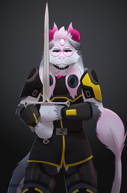 3_eyes 5_fingers anthro armor black_body black_fur choker clothed clothing cosplay ear_piercing eyewear fingers fur glasses hair horn jewelry looking_at_viewer male melee_weapon multi_eye necklace piercing round_glasses simple_background smile solo sword tail weapon white_body white_fur darkolynx j._r._r._tolkien middle-earth_(tolkien) the_lord_of_the_rings valkoinen_2.0_(character) american_opossum bovid caprine goat hybrid mammal marsupial digital_media_(artwork) hi_res