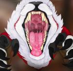 ambiguous_gender anthro blurred_background bodily_fluids claws close-up detailed_mouth drooling fangs first_person_view fur gaping_mouth gums imminent_vore lunging mane mouth_shot open_mouth palate pink_gums reaching_towards_viewer red_body red_fur saliva saliva_string snout solo teeth throat tongue tongue_out tonsils uvula whiskers white_body white_fur white_mane ribcagedemon felid lion mammal pantherine leon_(disambiguation) digital_media_(artwork) hi_res