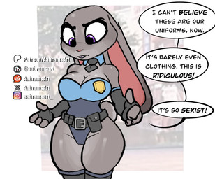 4_fingers abstract_background accessory anthro armwear belt big_breasts big_ears biped black_clothing black_gloves black_handwear blue_clothing blue_leotard breasts buckteeth clothed clothing curvy_figure dialogue elbow_gloves eyebrows female fingerless_gloves fingers floppy_ears fur glistening glistening_body glistening_breasts glistening_fur glistening_legs glistening_thighs gloves grey_body grey_fur handwear instagram_logo leotard long_ears multicolored_body multicolored_fur necktie patreon_logo police police_officer police_uniform purple_eyes reddit_logo scut_tail short_tail solo standing strapless_clothing strapless_leotard tail teeth text thick_thighs three-quarter_view tiktok_logo two_tone_body two_tone_fur uniform voluptuous voluptuous_anthro voluptuous_female wide_hipped_anthro wide_hipped_female wide_hips x_logo aabramsart disney instagram patreon reddit tiktok x_(social_media) zootopia judy_hopps european_rabbit lagomorph leporid mammal oryctolagus rabbit 2026 artist_name digital_drawing_(artwork) digital_media_(artwork) english_text hi_res portrait three-quarter_portrait url watermark