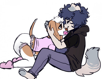 ambiguous_gender anthro clean_diaper clothed clothing diaper dipstick_ears dipstick_tail duo ear_markings fur hair markings multicolored_ears object_in_mouth pacifier pacifier_in_mouth sweater tail tail_markings topwear wearing_diaper monsterbunny gally_(monsterbunny) canid canine canis domestic_dog mammal 2020 archived_source digital_drawing_(artwork) digital_media_(artwork)