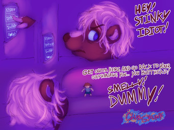 ambiguous_gender angry anthro clothed clothing dialogue eyewear glasses insult kid_fight male perspective_shot text young clubskunk cass_(clubskunk) canid canine canis domestic_dog mammal mephitid skunk 4:3 comic english_text hi_res
