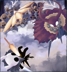 2_horns ambiguous_gender being_watched black_body black_eyes cloak clothed clothing cloud empty_eyes group horn looking_at_another melee_weapon setting shield weapon white_eyes wounded ink_soldier hollow_knight_(franchise) team_cherry godseeker_(hollow_knight) markoth_(hollow_knight) the_knight_(hollow_knight) arthropod insect lepidopteran moth vessel_(species) 2025 absurd_res hi_res