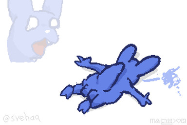 balls blue_body bodily_fluids fangs feral genitals lying male on_front open_mouth pain scribbles shitpost solo tears teeth text svehaq_(artist) crying_cat rain_world videocult blueberry_(svehaq) slugcat constructed_language meme sitelen_pona toki_pona_text translated