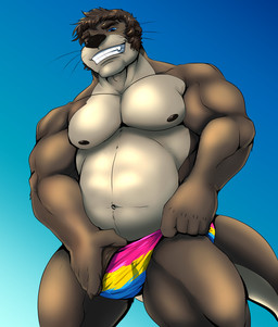 almost anthro biceps blue_background blue_eyes brown_body brown_fur brown_hair bulge clothing eyebrows fur hair lgbt_pride male membrane_(anatomy) musclegut muscular muscular_male navel nipples otter_tail pansexual_pride_colors pecs pride_colors simple_background smile solo speedo standing swimwear teeth webbed_hands whiskers pandottermon ben_(pandottermon) mammal mustelid otter colored hi_res
