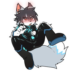 5_fingers anthro aroused aroused_face balls_outline bangs black_bodysuit black_boots black_clothing black_footwear black_hair black_latex black_nose black_skinsuit black_spandex blue_markings blush blush_lines bodysuit boot_soles boots brown_body brown_ear_tips brown_fur bulge chastity_bulge chastity_device cheek_tuft clothing cute_fangs detailed_bulge dipstick_ears dipstick_tail ear_markings emanata eye_markings facial_tuft fangs fingers flaccid footwear forced_arousal fur fur_markings genital_outline genitals glistening glistening_bodysuit glistening_clothing glistening_latex glistening_skinsuit gloves glowing glowing_clothing glowing_markings grey_body grey_ears grey_fur grey_highlights grey_inner_ear_fluff grey_tail hair handwear highlights_(coloring) inner_ear_fluff latex latex_clothing latex_skinsuit legs_in_air legs_up lock_bulge lying male markings multicolored_ears narrowed_eyes null_bulge on_back open_mouth penis penis_outline pink_inner_ear red_eyes shoes simple_background skinsuit solo spandex spandex_clothing spread_legs spreading squirming superhero_costume tail tail_markings teeth tight_clothing tuft white_background white_body white_clothing white_fur white_gloves white_handwear white_tail_tip young young_anthro young_male morria_a canid canine canis mammal wolf 1:1 hi_res