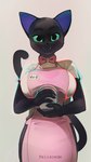 anthro apron big_breasts black_body black_fur bow_tie breasts clothed clothing coffee_cup container cup fangs female front_view fur green_eyes looking_at_viewer name_tag simple_background smile solo teeth waiter waitress_uniform feliscede void_(feliscede) domestic_cat felid feline felis mammal 2021 9:16 digital_media_(artwork) hi_res shaded