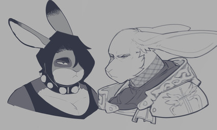 anthro armor clothed clothing collar duo female hair long_ears male melee_weapon one_eye_obstructed pivoted_ears short simple_background solo sword weapon wings casloafy peculiart andrew_(casloafy) ruth_(peculiart) hare lagomorph leporid mammal rabbit 2023 artist_collaboration bust_portrait hi_res monochrome portrait gynomorph_(lore)