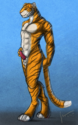 abs animal_genitalia anthro balls blue_background brown_eyes erection facial_markings fur genitals hand_on_hip head_markings male male_anthro markings mouth_closed muscular muscular_anthro muscular_male nude orange_body orange_fur pecs penis red_penis sheath simple_background solo standing striped_arms striped_body striped_face striped_fur striped_legs striped_markings striped_tail stripes tail tail_markings tapering_penis whiskers white_balls white_body white_fur white_sheath hufnaar felid mammal pantherine tiger 2015 5:8 dated full-length_portrait hi_res portrait signature