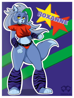 anthro armwear barefoot belt big_breasts black_nose blue_body blue_fur border bottomwear bracelet breasts camel_toe cheek_tuft clothed clothing collar colored_nails dipstick_tail ear_piercing facial_markings facial_tuft feet female front_view fur green_highlights green_nails grey_hair hair head_markings highlights_(coloring) jewelry legwear lipstick long_hair machine makeup markings nails navel nipple_outline pattern_armwear pattern_clothing pattern_legwear piercing purple_armwear purple_background purple_body purple_clothing purple_fur purple_legwear purple_lipstick red_bottomwear red_clothing red_topwear shoulder_pads simple_background solo striped_armwear striped_clothing striped_legwear stripes studded_belt studded_bracelet studded_collar studded_jewelry studs tail tail_markings text thick_thighs topwear tuft white_border wide_hips yellow_eyes zhenai five_nights_at_freddy's five_nights_at_freddy's:_security_breach scottgames steel_wool_studios roxanne_wolf animatronic canid canine canis mammal robot wolf hi_res