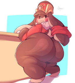 ambiguous_gender anthro big_breasts big_butt big_ears biped black_eyes blue_background blush blush_stickers bottomless bottomless_ambiguous bottomless_anthro breasts brown_body brown_ears brown_fur butt clothed clothing coat countershade_ears countershade_face countershade_fur countershade_tail countershading ear_accessory earband female floppy_ears fur furgonomic_headwear furgonomics hat headgear headwear huge_breasts huge_butt leg_markings long_ears looking_at_viewer looking_back looking_back_at_viewer lop_ears markings multicolored_body multicolored_ears multicolored_fur multicolored_tail overweight overweight_ambiguous overweight_anthro rear_view red_clothing red_coat red_topwear scut_tail short_tail simple_background socks_(marking) solo standing tail tan_body tan_countershading tan_ears tan_fur thick_thighs three-quarter_view topwear two_tone_body two_tone_ears two_tone_fur two_tone_tail wide_hips lightmizano honkai:_star_rail mihoyo pom-pom_(honkai:_star_rail) lagomorph leporid mammal rabbit 2023 colored digital_media_(artwork) full-length_portrait hi_res portrait shaded signature