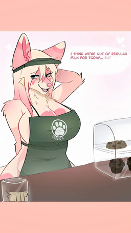 anthro big_breasts breasts clothing cookie female food fur hair half_naked looking_up pink_body pink_fur raised_arm simple_background solo speech_bubble uniform d.generator lovelock canid canine canis mammal wolf 2026 animated hi_res short_playtime sound video