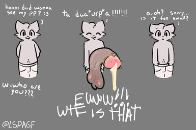 anthro big_penis bodily_fluids burping clothing cum dialogue fur genital_fluids genitals huge_penis hyper hyper_genitalia hyper_penis male onomatopoeia penis presenting presenting_penis pubes_in_foreskin pubes_in_glans sad small_but_hung smegma solo sound_effects stray_pubes surprised text underwear white_body white_fur lspagf boy_kisser_(meme) animal_humanoid cat_humanoid domestic_cat felid felid_humanoid feline feline_humanoid felis humanoid mammal mammal_humanoid absurd_res hi_res meme