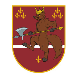 anthro brown_body brown_fur crown ears_up emblem fur halberd headgear holding_halberd holding_melee_weapon holding_object holding_polearm holding_weapon male melee_weapon open_mouth polearm raised_leg solo tail teeth teeth_showing weapon wearing_crown mawkvlt domestic_ferret mammal mustelid musteline true_musteline weasel 1:1 hi_res