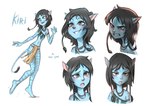 adolescent black_hair blue_body blue_skin clothed clothing female green_eyes hair markings open_mouth simple_background solo standing stripes tail text three-quarter_view young helio_clark james_cameron's_avatar kiri_(avatar) alien alien_humanoid humanoid mammal na'vi 2023 absurd_res artist_name character_name digital_drawing_(artwork) digital_media_(artwork) flat_colors full-length_portrait handwritten_text headshot_portrait hi_res multiple_images portrait sketch_page
