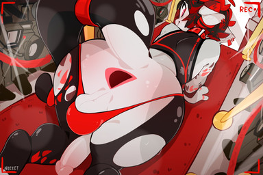 accessory anus arm_tattoo bottomwear camera clothing collar ear_piercing exhibitionism furgonomics gaping gaping_anus hair horn jewelry latex latex_clothing leg_tattoo male piercing red_bottomwear red_clothing red_eyes red_hair ring solo spade_tail tail tail_accessory tail_jewelry tail_ring tattoo torn_clothing neceet dreddy_(dreddyhypno) bovid caprine goat imp mammal hi_res