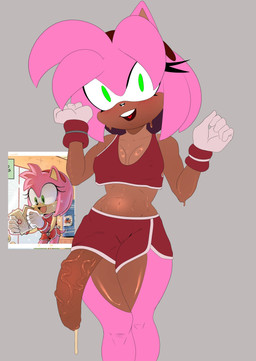 accessory anthro big_penis bodily_fluids bottomwear brown_body brown_skin clothing crop_top foreskin genital_fluids genitals gloves green_eyes gynomorph hair_accessory hairband handwear huge_penis humanoid_genitalia humanoid_penis intersex lipstick makeup penis penis_poking_out penis_through_leghole pink_body precum shirt shorts smile smiling_at_viewer solo topwear vein veiny_penis wristband silencioart sega sonic_the_hedgehog_(series) amy_rose eulipotyphlan hedgehog mammal absurd_res hi_res
