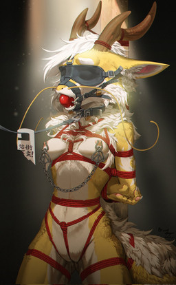 anthro antler_bondage ball_gag bdsm blindfold bondage bound collar female fur gag genitals hair halter hands_behind_back harness_ball_gag harness_gag leash leashed_collar nipple_clamp restraints rope rope_bondage rope_harness solo spotlight standing text tied_to_pole vulva white_hair yellow_body wolfwhispermu mythology dragon eastern_dragon furred_dragon furred_scalie mythological_creature mythological_scalie scalie hi_res translated
