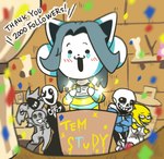 anthro bone clothed clothing group hair open_mouth skeleton studying text topwear white_body momo320 undertale undertale_(series) alphys gaster gaster_follower_1 gaster_follower_2 gaster_follower_3 sans_(undertale) temmie_(undertale) animated_skeleton bovid canid canine caprine felid feline mammal reptile scalie tem undead