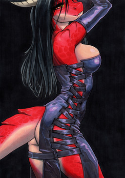 anthro armwear big_breasts biped black_background black_hair breasts clothing dress elbow_gloves female gloves hair handwear horn long_hair medium_breasts non-mammal_breasts non-mammal_hair red_body red_eyes red_scales scales simple_background solo tan_body tan_horn tan_scales yellow_sclera ewgengster european_mythology mythology adena_(ewgengster) dragon mythological_creature mythological_scalie scalie western_dragon wingless_dragon absurd_res hi_res traditional_media_(artwork)