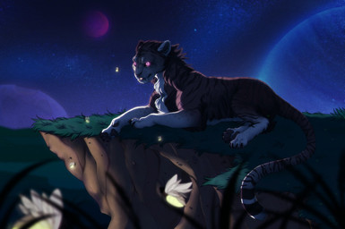ambiguous_gender brown_body brown_fur detailed_background fur grass night open_mouth outside paws plant purple_eyes sky solo star starry_sky teeth tongue rayley felid mammal prehistoric_species saber-toothed_tiger 2015 digital_media_(artwork)
