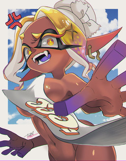 big_breasts blonde_hair breasts convenient_censorship cross-popping_vein cross_pupils dark_body dark_skin ear_piercing eyelashes female front_view hair humanoid_pointy_ears looking_at_viewer navel nude open_mouth piercing pointy_ears pseudo_hair purple_tongue reaching_towards_viewer solo tentacle_hair tentacles thick_thighs tongue wide_hips yellow_eyes kizaki104 nintendo splatoon frye_(splatoon) animal_humanoid aquatic aquatic_humanoid cephalopod cephalopod_humanoid humanoid inkling mollusk mollusk_humanoid squid_humanoid hi_res