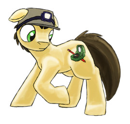 big_eyes brown_hair compass cutie_mark furgonomics hair headgear headlamp lamp looking_back male mostly_nude pencil_(object) short_hair side_view simple_background solo standing toony white_background worried petrock hasbro my_little_pony fan_character quartz_poker earth_pony equid equine horse mammal pony colored digital_media_(artwork)