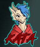 2_horns anthro black_eyes blue_hair clothing ear_fins fin gradient_background hair hoodie horn looking_at_viewer male red_clothing red_hoodie red_topwear shirt simple_background simple_eyes slit_nostrils smile solo tan_body tan_horn topwear white_clothing white_shirt white_topwear rhari mythology dragon mythological_creature mythological_scalie scalie bust_portrait cel_shading character_badge_(artwork) character_name digital_drawing_(artwork) digital_media_(artwork) hi_res portrait shaded