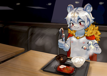 anthro blush claws clothing cutlery food food_tray fur furniture hair holding_object imminent_feeding inside kemono kitchen_utensils male mantle nipples pawpads red_eyes restaurant rice simple_background sitting smile solo spoon steam striped_body striped_fur stripes table tools white_body white_fur young young_anthro young_male mother1 vtuber azura_safir felid mammal pantherine tiger 2025 absurd_res digital_media_(artwork) hi_res