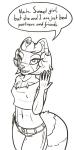 abs anthro clothed clothing dialogue female hair looking_at_viewer midriff navel nipple_outline open_mouth simple_background solo text white_background feretta tumblr morgan_laranda ailurid mammal red_panda black_and_white digital_media_(artwork) english_text monochrome