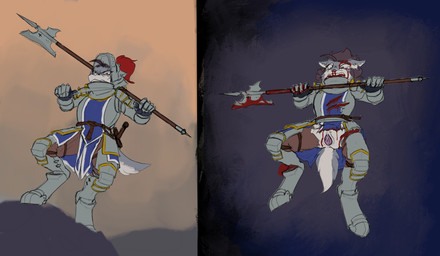 anthro armor blocking blood blood_from_mouth blood_in_mouth bodily_fluids clothing crying female genitals gloating halberd imminent_rape imminent_sex looking_at_viewer melee_weapon nosebleed plate_armor polearm solo tears torn_clothing vulva weapon wounded revertigo jaclyn_(revertigo) canid canine canis mammal wolf 2025 2koma absurd_res comic hi_res
