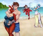 anthro beach belly bikini blue_eyes breast_grab breasts brown_hair clothed clothing cloud detailed_background eyewear female glasses group hair hand_on_breast harem human_on_anthro interspecies long_hair male male/female male_on_anthro multicolored_hair multiple_pregnancies navel nipple_outline one-piece_swimsuit one_eye_closed open_mouth outside pokephilia polygamy ponytail pregnant pregnant_anthro pregnant_female sand seaside short_hair sky sling_bikini smile swimwear topless two-piece_swimsuit water yellow_sclera blithedragon nintendo pokemon blaziken gardevoir generation_3_pokemon human latias legendary_pokemon mammal pokemon_(species) shiny_pokemon 2018 absurd_res digital_media_(artwork) hi_res