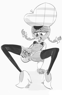 accessory anthro bow_ribbon breasts clothing crouching female footwear genitals hair_accessory hair_bow hair_ribbon half-closed_eyes hat headgear headwear legwear masturbation narrowed_eyes nude open_mouth ribbons solo spread_legs spreading tam_o_shanter thigh_highs topwear vulva riipley cartoon_network foster's_home_for_imaginary_friends eurotrish greyscale monochrome sketch